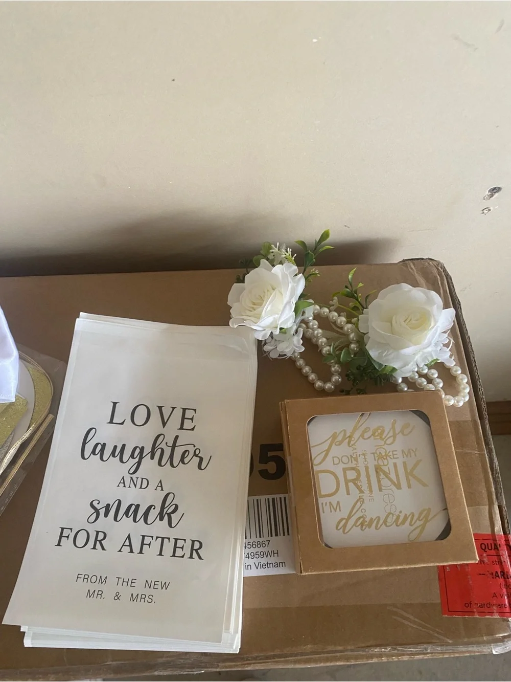 Wedding Snack Bags and Favor Coasters Set in White - and faux corsages
